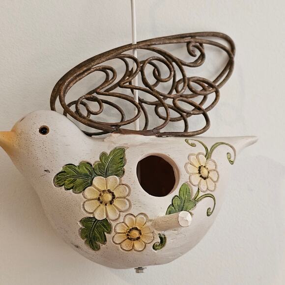 Charming Hanging Bird Shaped Bird House with Floral Accents and Metal Wings 9"L - Picture 5 of 10